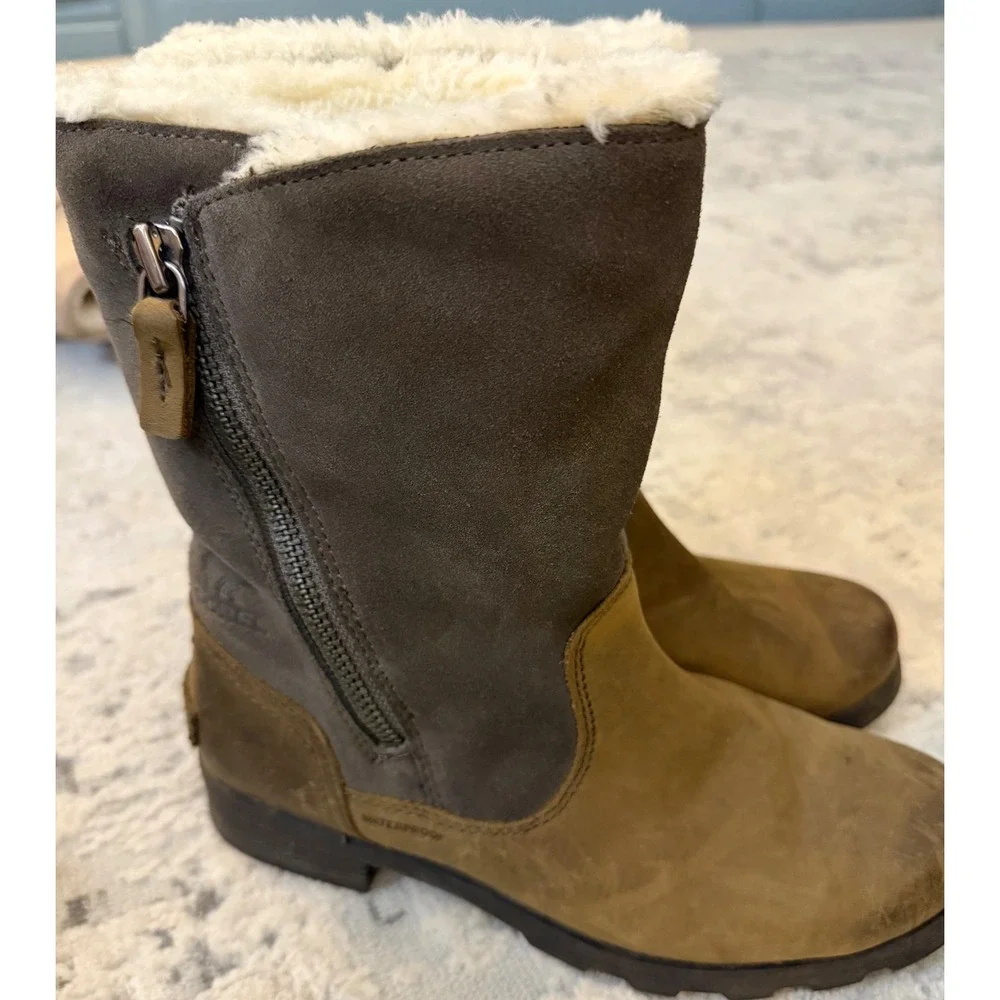 Sorel Phoenix Moto Waterproof Leather Suede Faux Fur Boots Quarry Brown Womens 6